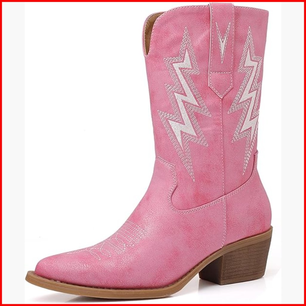 Mid Calf Cowboy Boots With Zipper, Low Heel, Pointed Toe, Faux Leather